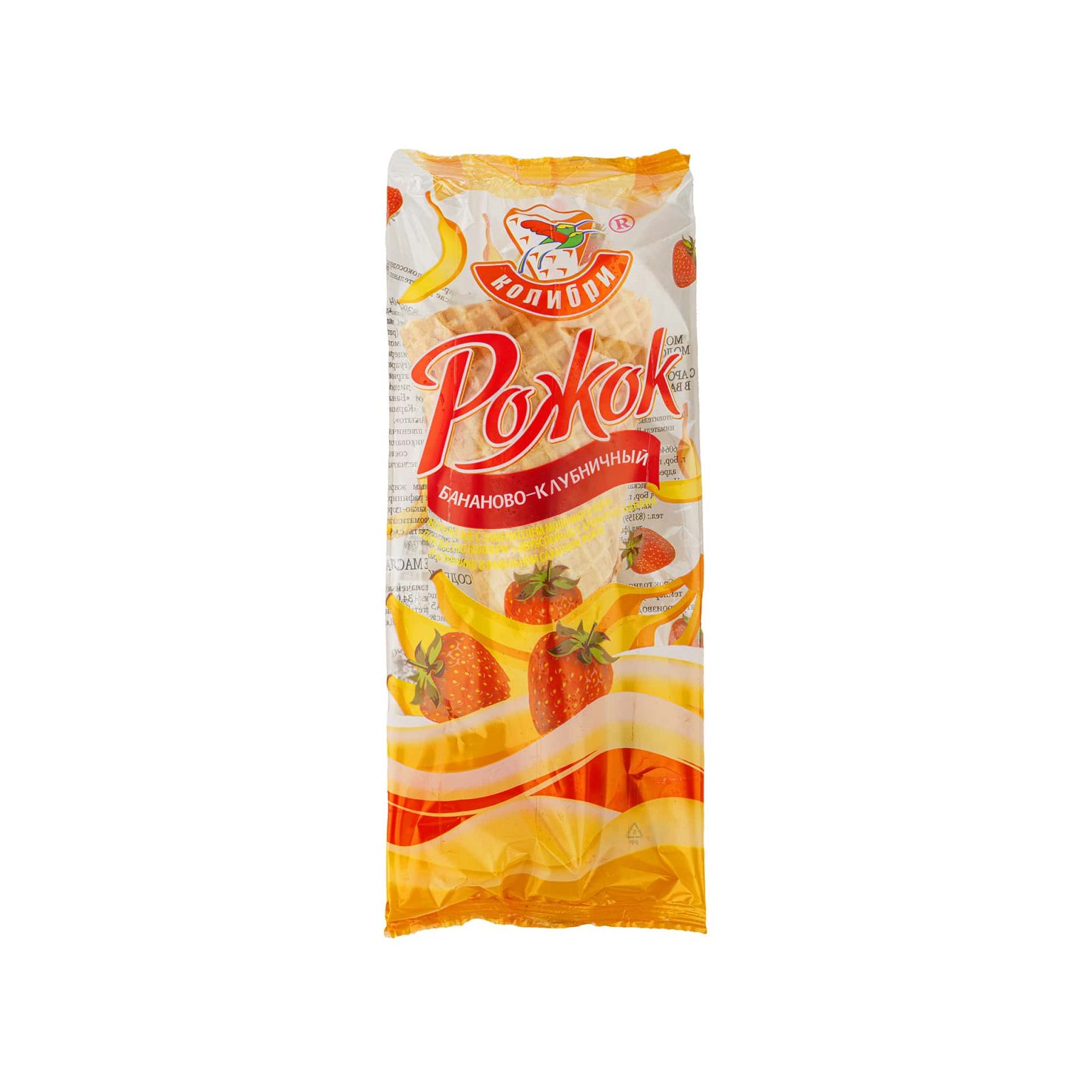 Мороженое с фруктово-ягодным наполнителем клубника-банан вафельный рожок Лакомство колибри 90 г, общий вид, купить оптом и в розницу с доставкой по москве и московской области, недорого, низкая цена