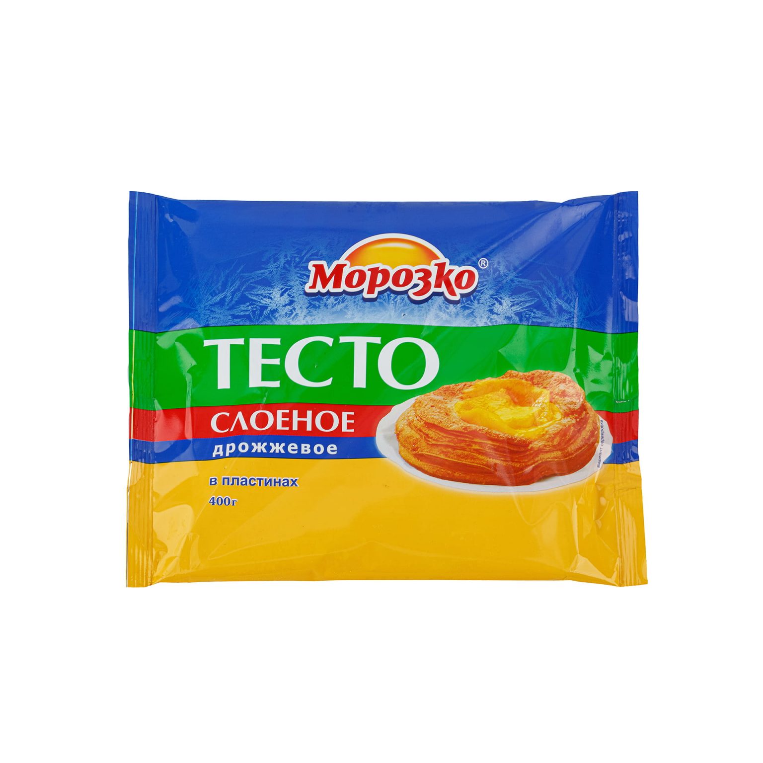 Тесто слоеное дрожжевое в пластинах полуфабрикат замороженный Морозко 400 г, общий вид, купить оптом и в розницу с доставкой по москве и московской области, недорого, низкая цена