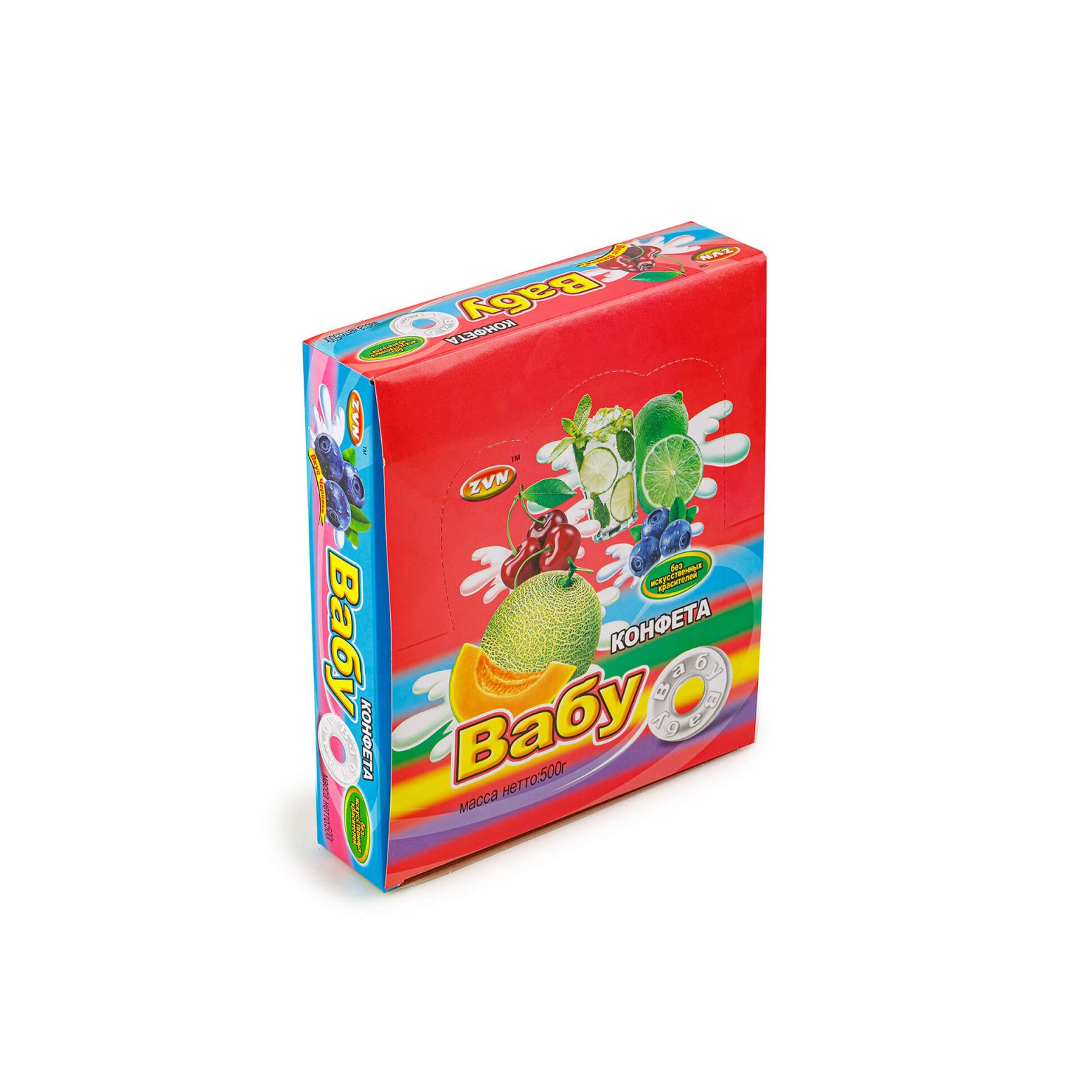 Прессованные конфеты сахаристые "Вабу" со вкусами черники, вишни, мохито, дыни ZVN 500 г (25 г * 20 шт), этикетка, купить оптом и в розницу с доставкой по москве и московской области, недорого, низкая цена