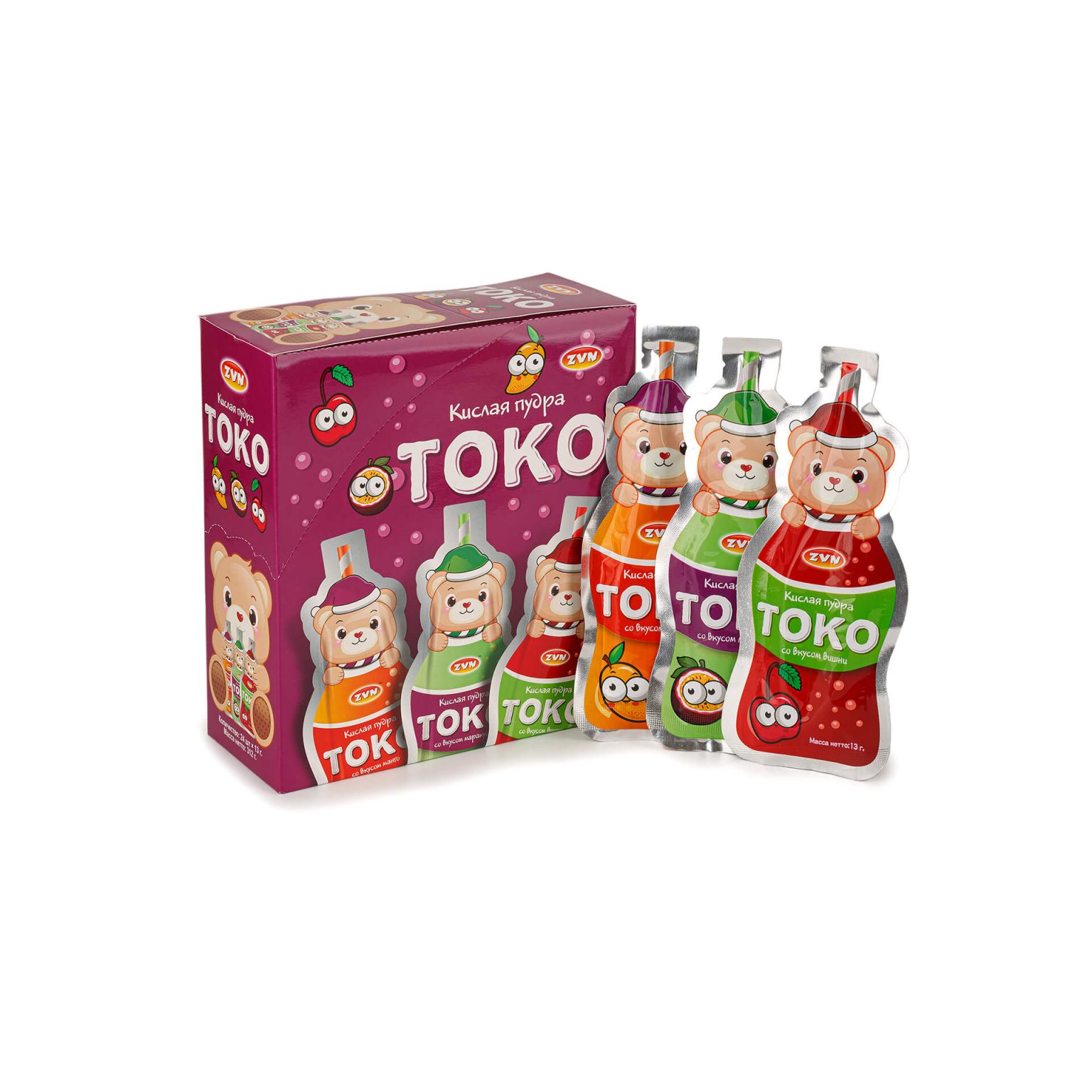 Кислая пудра "Токо" со вкусами вишни, манго, маракуйи ZVN 312 г (13 г * 24 шт), этикетка, купить оптом и в розницу с доставкой по москве и московской области, недорого, низкая цена