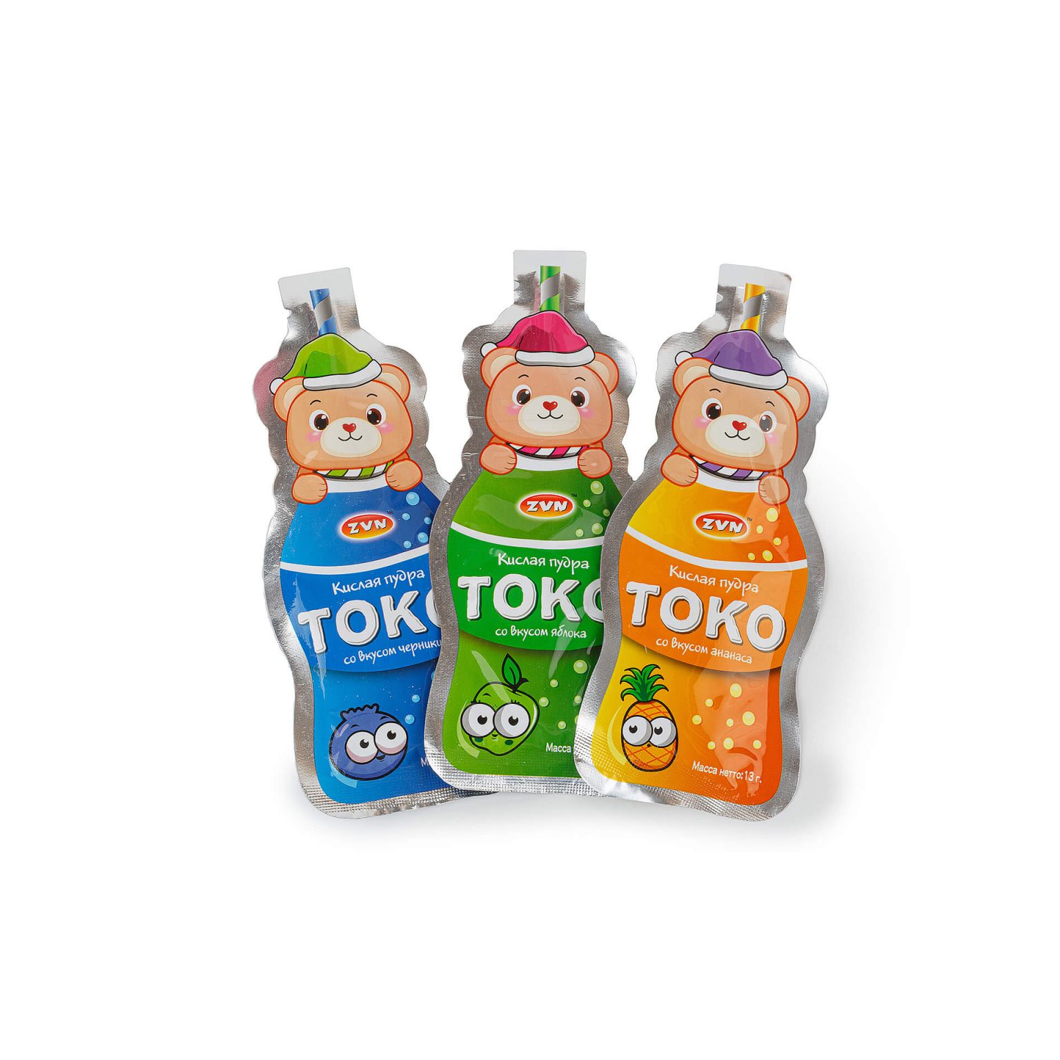 Кислая пудра "Токо" со вкусами яблока, черники, ананаса ZVN 312 г (13 г * 24 шт), общий вид, купить оптом и в розницу с доставкой по москве и московской области, недорого, низкая цена