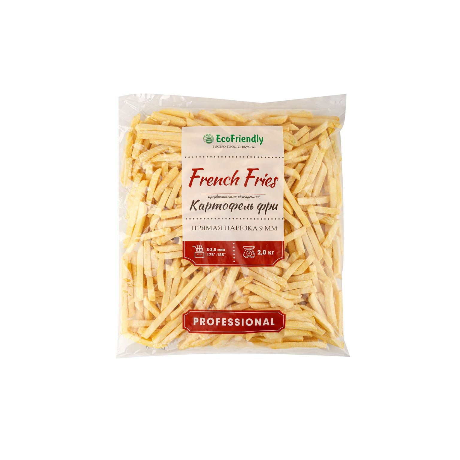 Замороженный картофель фри (9х9 мм) предварительно обжаренный халяль EcoFriendly 2 кг, общий вид, купить оптом и в розницу с доставкой по москве и московской области, недорого, низкая цена
