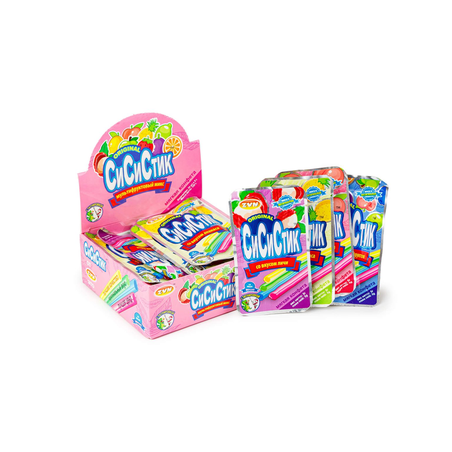 Мягкие конфеты в соломинках с татуировкой "СиСиСтик" со вкусами микса-фруктов, персика, ананаса, личи ZVN 120 г (5 г * 24 шт), общий вид, купить оптом и в розницу с доставкой по москве и московской области, недорого, низкая цена