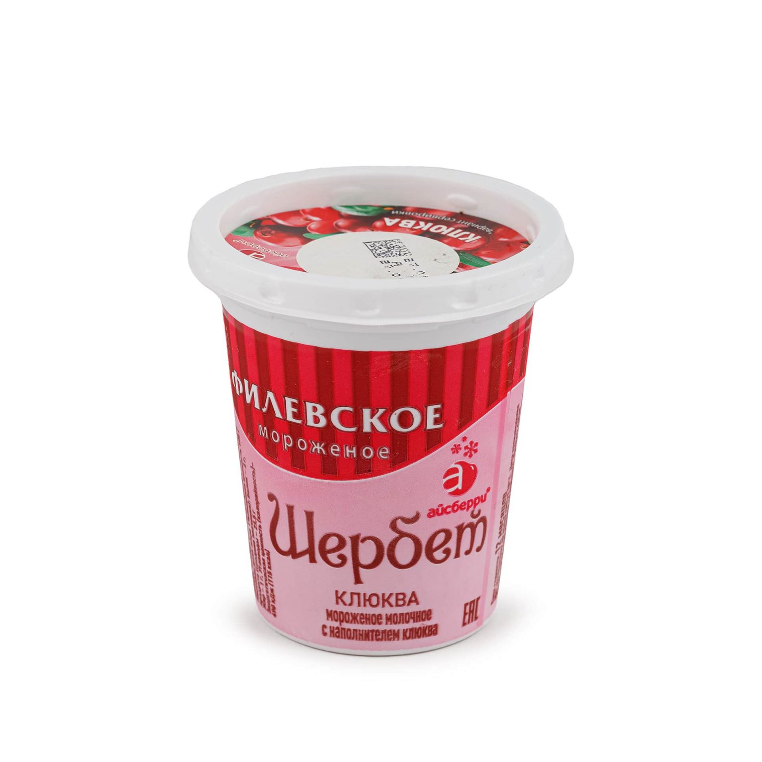 Мороженое молочное с клюквой щербет пластиковый стакан Филевское 80 г, общий вид, купить оптом и в розницу с доставкой по москве и московской области, недорого, низкая цена