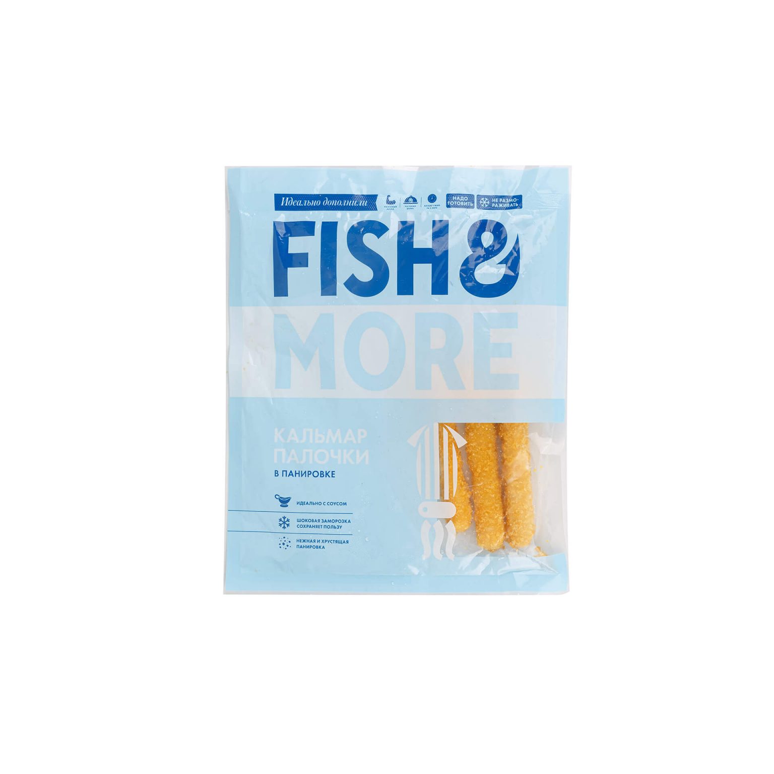 Палочки из кальмара в панировке обжаренные полуфабрикат замороженный Fish and More 500 г, общий вид, купить оптом и в розницу с доставкой по москве и московской области, недорого, низкая цена