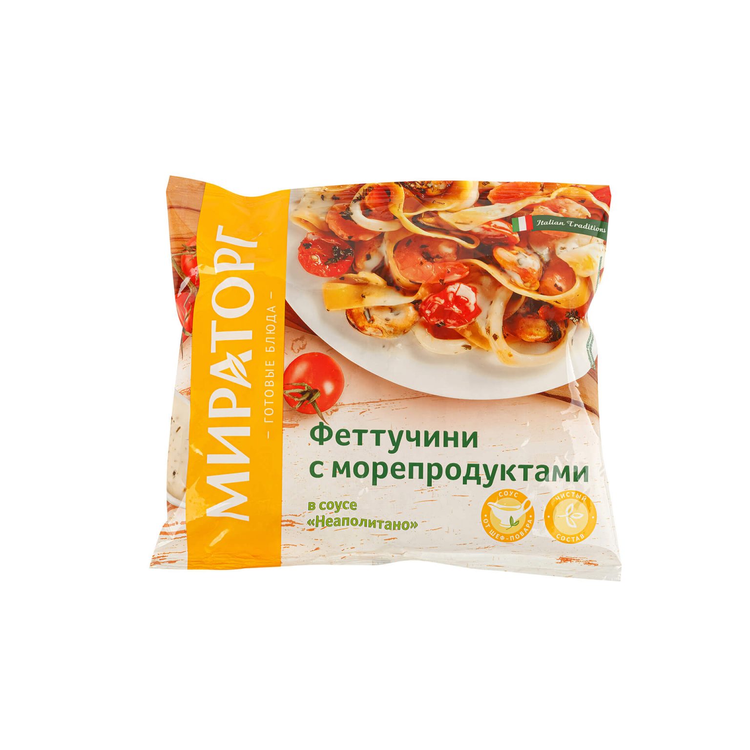 Феттучини с морепродуктами в соусе "Неаполитано" замороженное Мираторг 400 г, общий вид, купить оптом и в розницу с доставкой по москве и московской области, недорого, низкая цена