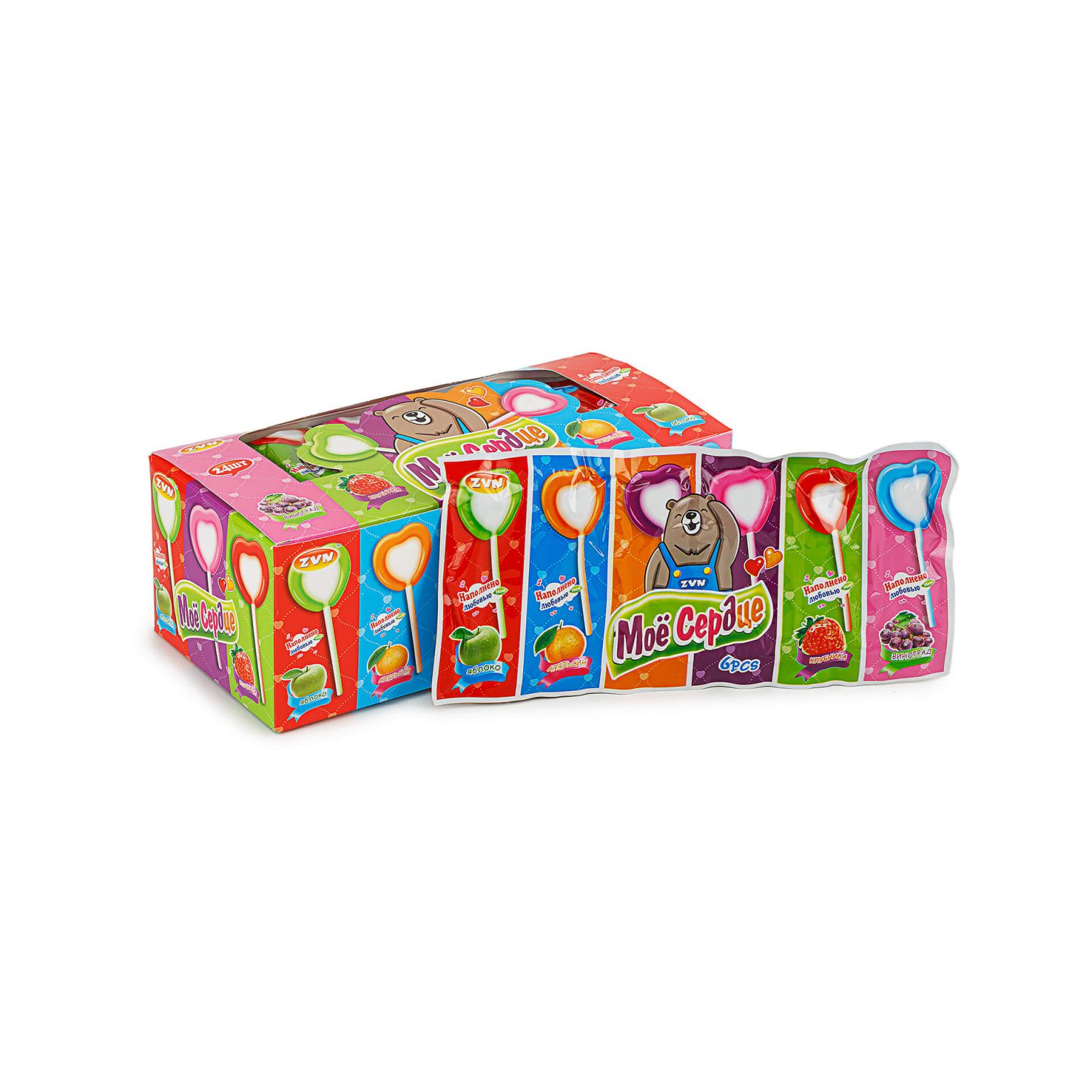 Конфеты "Мое сердце" со вкусами клубники, апельсина, яблока, винограда ZVN 432 г (18 г * 24 шт), этикетка, купить оптом и в розницу с доставкой по москве и московской области, недорого, низкая цена