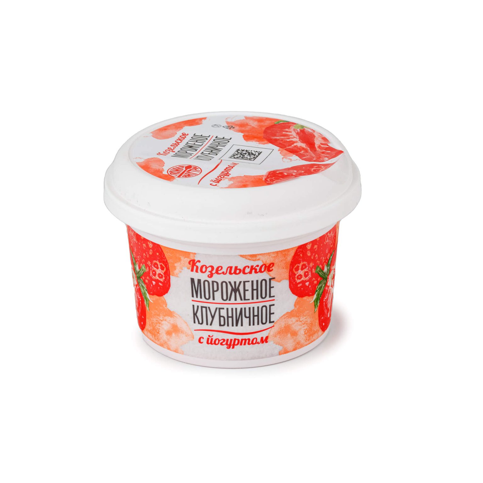 Мороженое сливочное с йогуртом и клубникой пластиковый стакан Козельское 150 г, общий вид, купить оптом и в розницу с доставкой по москве и московской области, недорого, низкая цена