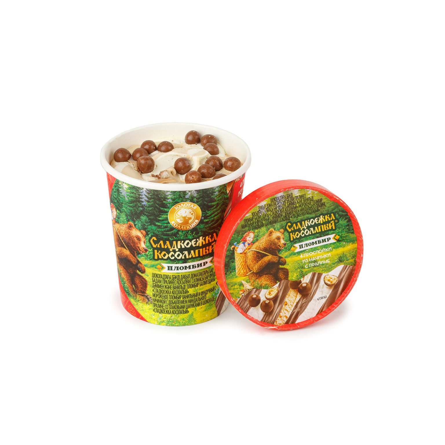 Мороженое пломбир ванильный и фундучный с миндальным пралине и злаковыми шариками в шоколаде "Сладкоежка косолапый" ведро Шин-Лайн 280 г, этикетка, купить оптом и в розницу с доставкой по москве и московской области, недорого, низкая цена