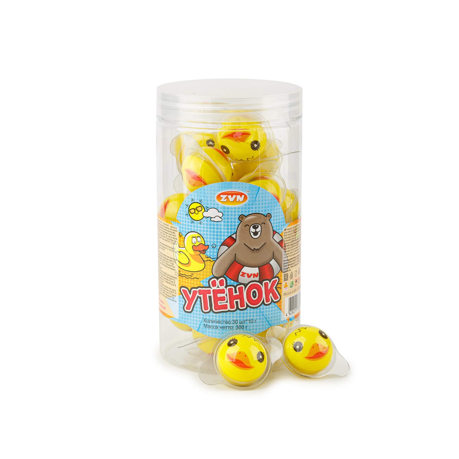 Жевательная резинка "Утенок" ZVN 300 г (10 г * 30 шт), этикетка, купить оптом и в розницу с доставкой по москве и московской области, недорого, низкая цена
