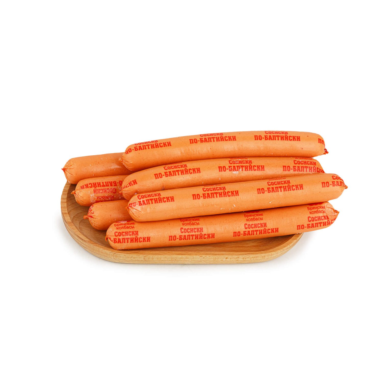 Сосиски из мяса птицы, свинины и говядины "По-Балтийски" полуфабрикат замороженный Брянские полуфабрикаты 6 кг, общий вид, купить оптом и в розницу с доставкой по москве и московской области, недорого, низкая цена
