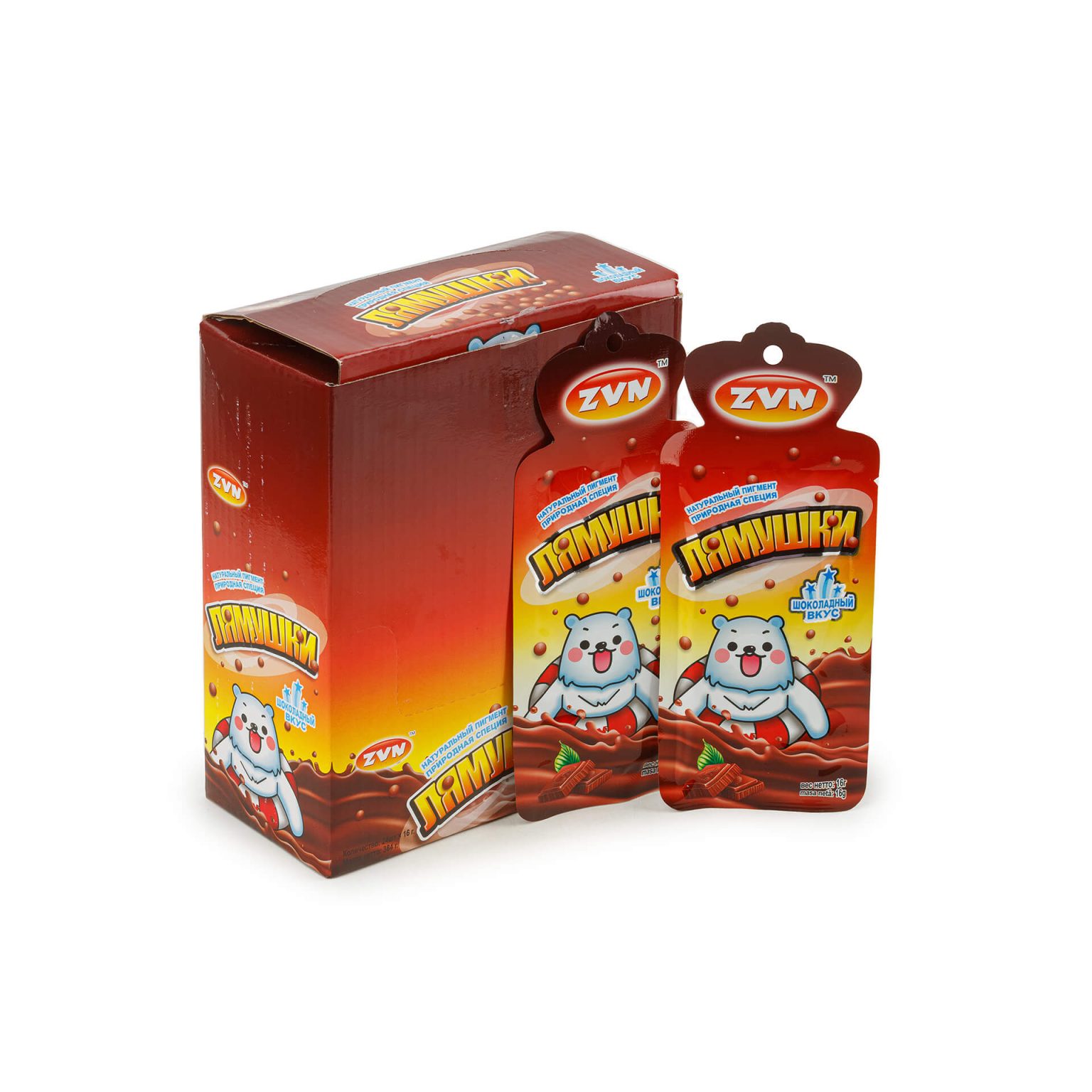 Конфеты жевательные "Лямушки" со вкусом шоколада ZVN 384 г (16 г * 24 шт), этикетка, купить оптом и в розницу с доставкой по москве и московской области, недорого, низкая цена