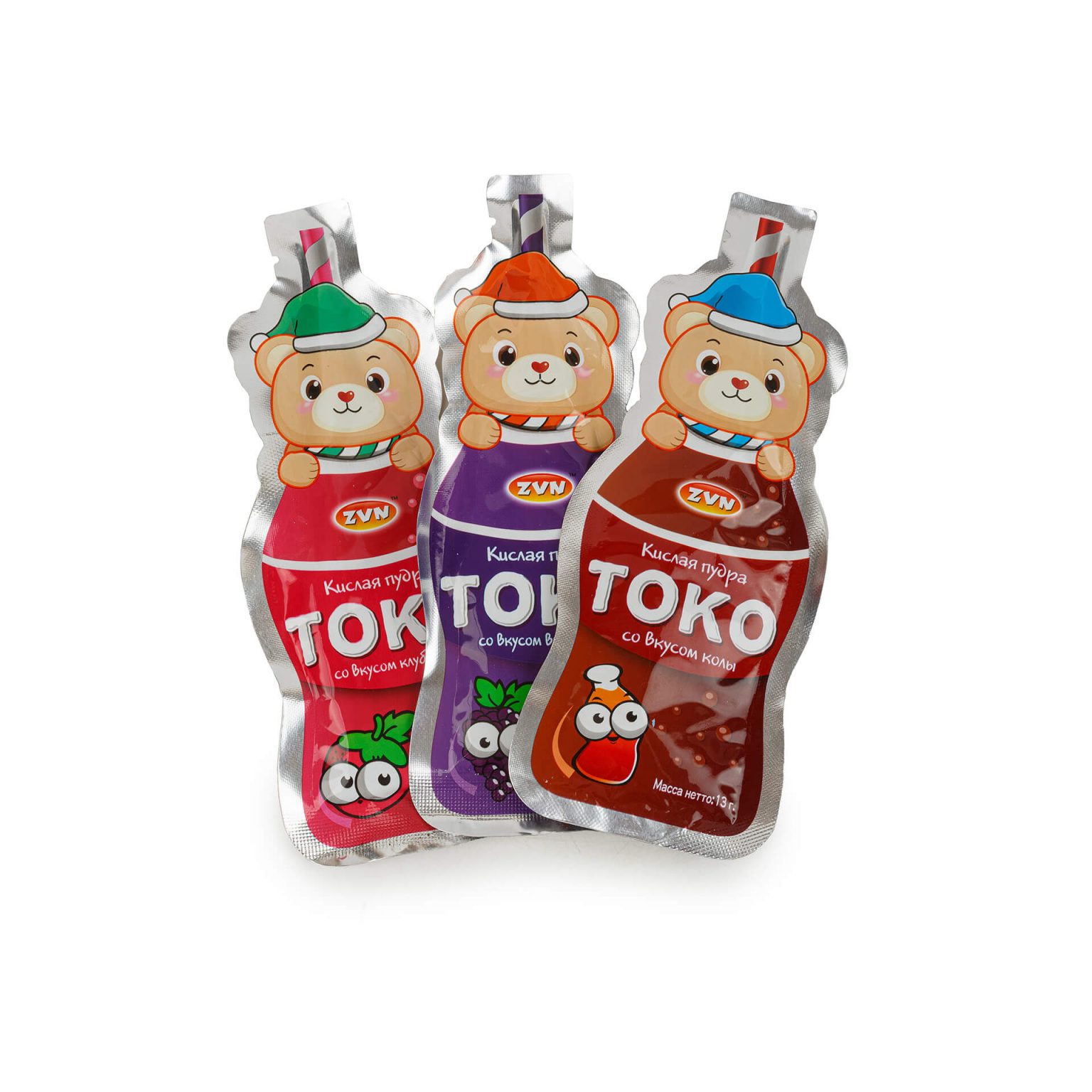 Кислая пудра "Токо" со вкусами винограда, клубники, колы ZVN 312 г (13 г * 24 шт), общий вид, купить оптом и в розницу с доставкой по москве и московской области, недорого, низкая цена