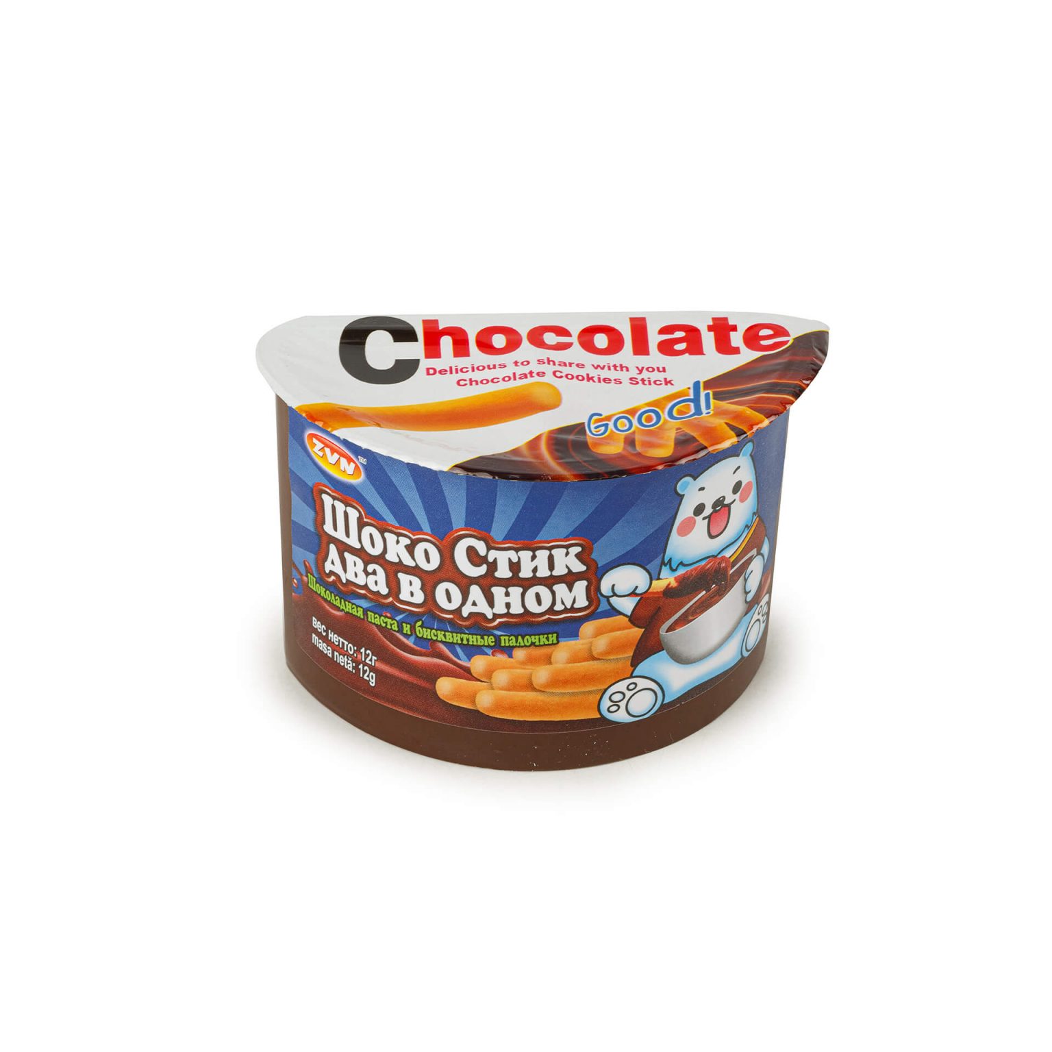Шоколадная паста и бисквитные палочки "Шоко Стик два в одном" ZVN 288 г (12 г * 24 шт), общий вид, купить оптом и в розницу с доставкой по москве и московской области, недорого, низкая цена