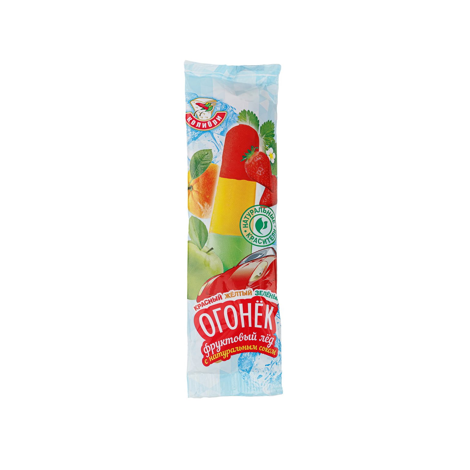 Фруктовый лед трехслойный яблочный, яблочный с ароматом апельсина и клубники "Красный, желтый, зеленый ОГОНЕК" Лакомство колибри 65 г, общий вид, купить оптом и в розницу с доставкой по москве и московской области, недорого, низкая цена