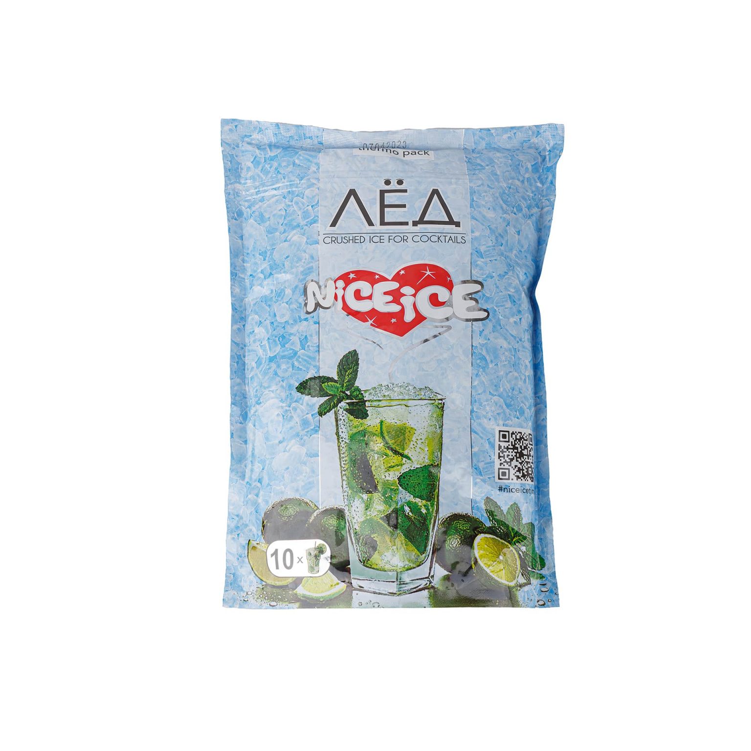 Лед пищевой для коктейлей "КРАШ" термоупаковка Найс Айс 1000 г, общий вид, купить оптом и в розницу с доставкой по москве и московской области, недорого, низкая цена
