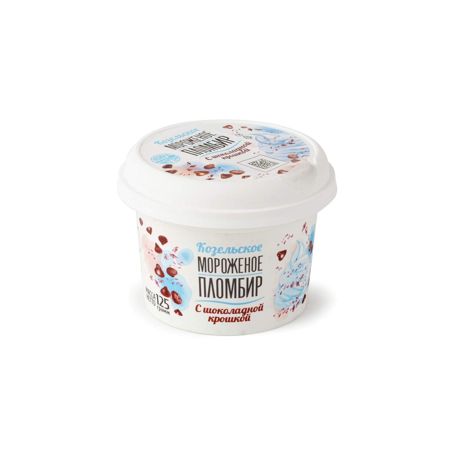 Мороженое пломбир с шоколадной крошкой пластиковый стакан Козельское 125 г, общий вид, купить оптом и в розницу с доставкой по москве и московской области, недорого, низкая цена
