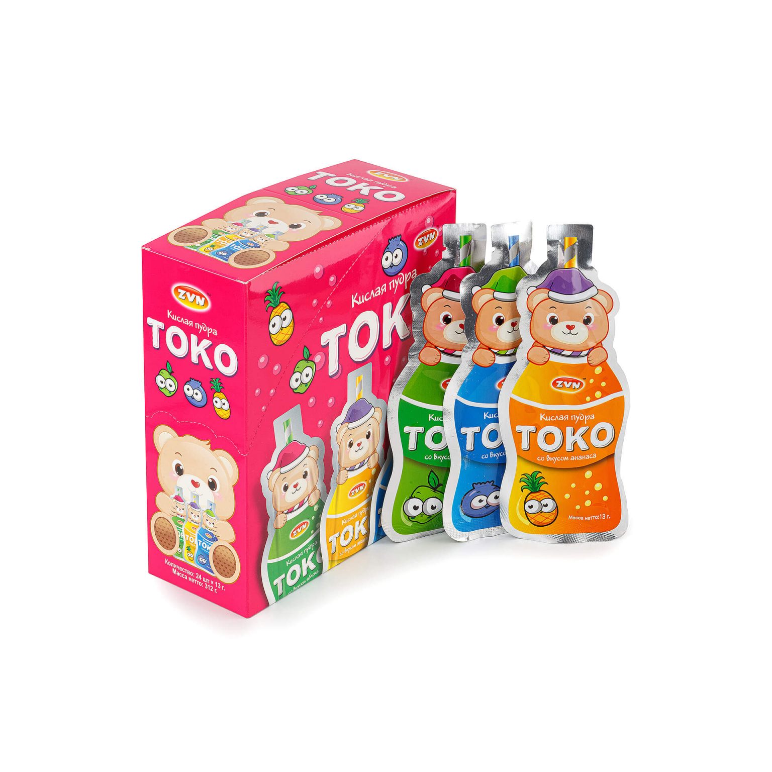Кислая пудра "Токо" со вкусами яблока, черники, ананаса ZVN 312 г (13 г * 24 шт), этикетка, купить оптом и в розницу с доставкой по москве и московской области, недорого, низкая цена