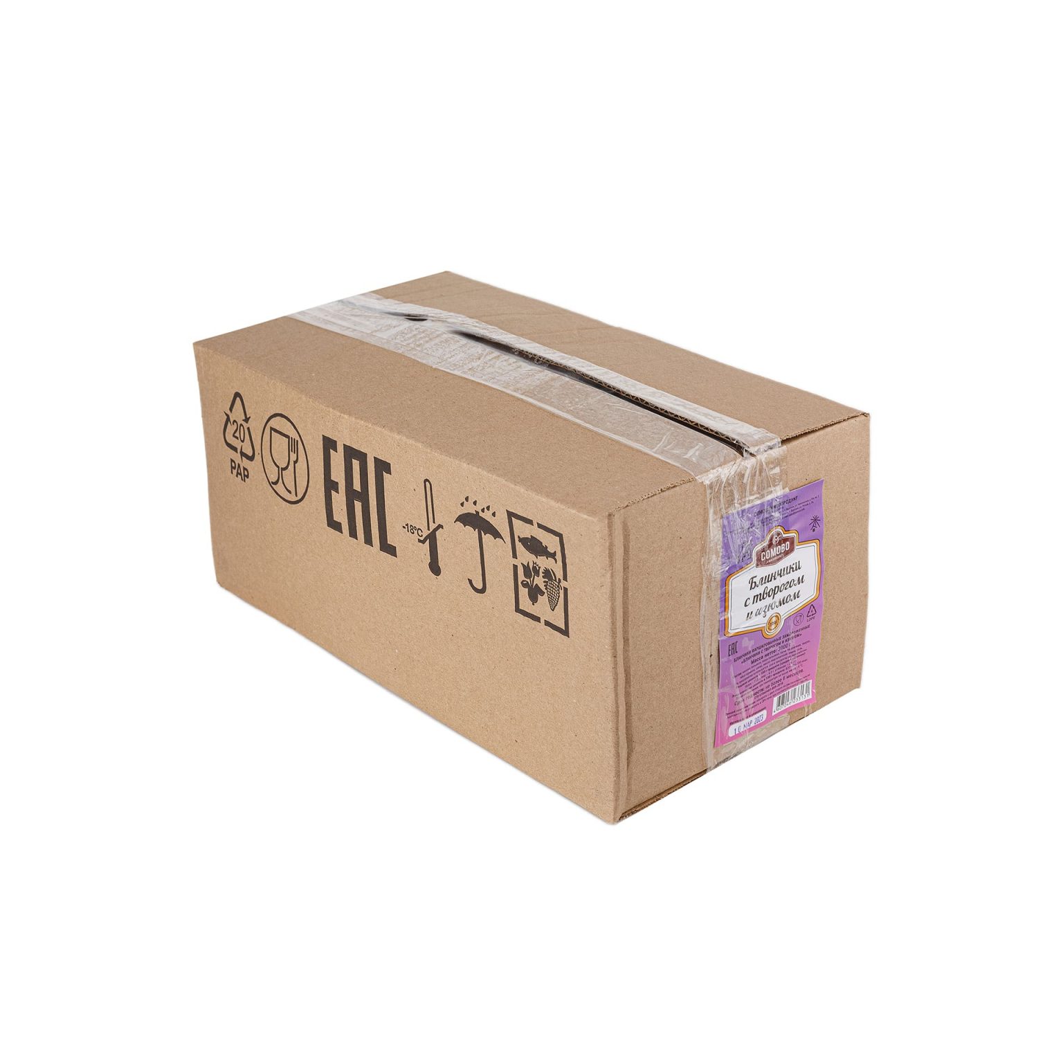 Блины с творогом и изюмом полуфабрикат замороженный Сомовомясопродукт 3 кг, этикетка, купить оптом и в розницу с доставкой по москве и московской области, недорого, низкая цена