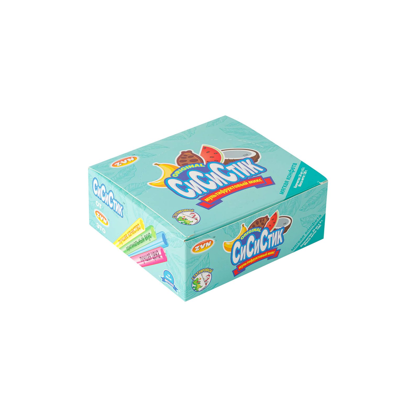 Мягкие конфеты в соломинках с татуировкой "СиСиСтик" со вкусами арбуза, кокоса, банана, шоколада ZVN 120 г (5 г * 24 шт), этикетка, купить оптом и в розницу с доставкой по москве и московской области, недорого, низкая цена