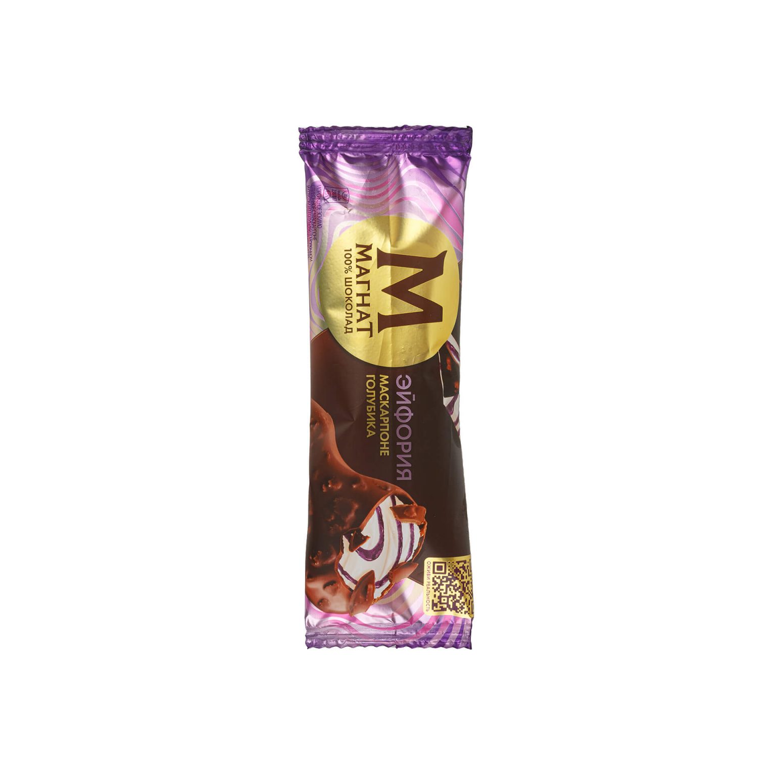 Мороженое сливочное с маскарпоне и соусом из голубики в глазури из шоколада с вафельной крошкой "Эйфория Маскарпоне-Голубика" эскимо Магнат Инмарко 70 г, общий вид, купить оптом и в розницу с доставкой по москве и московской области, недорого, низкая цена