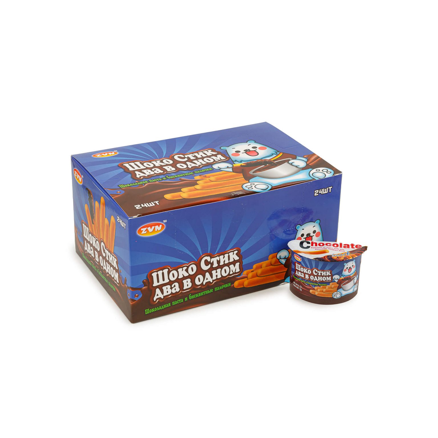 Шоколадная паста и бисквитные палочки "Шоко Стик два в одном" ZVN 288 г (12 г * 24 шт), этикетка, купить оптом и в розницу с доставкой по москве и московской области, недорого, низкая цена