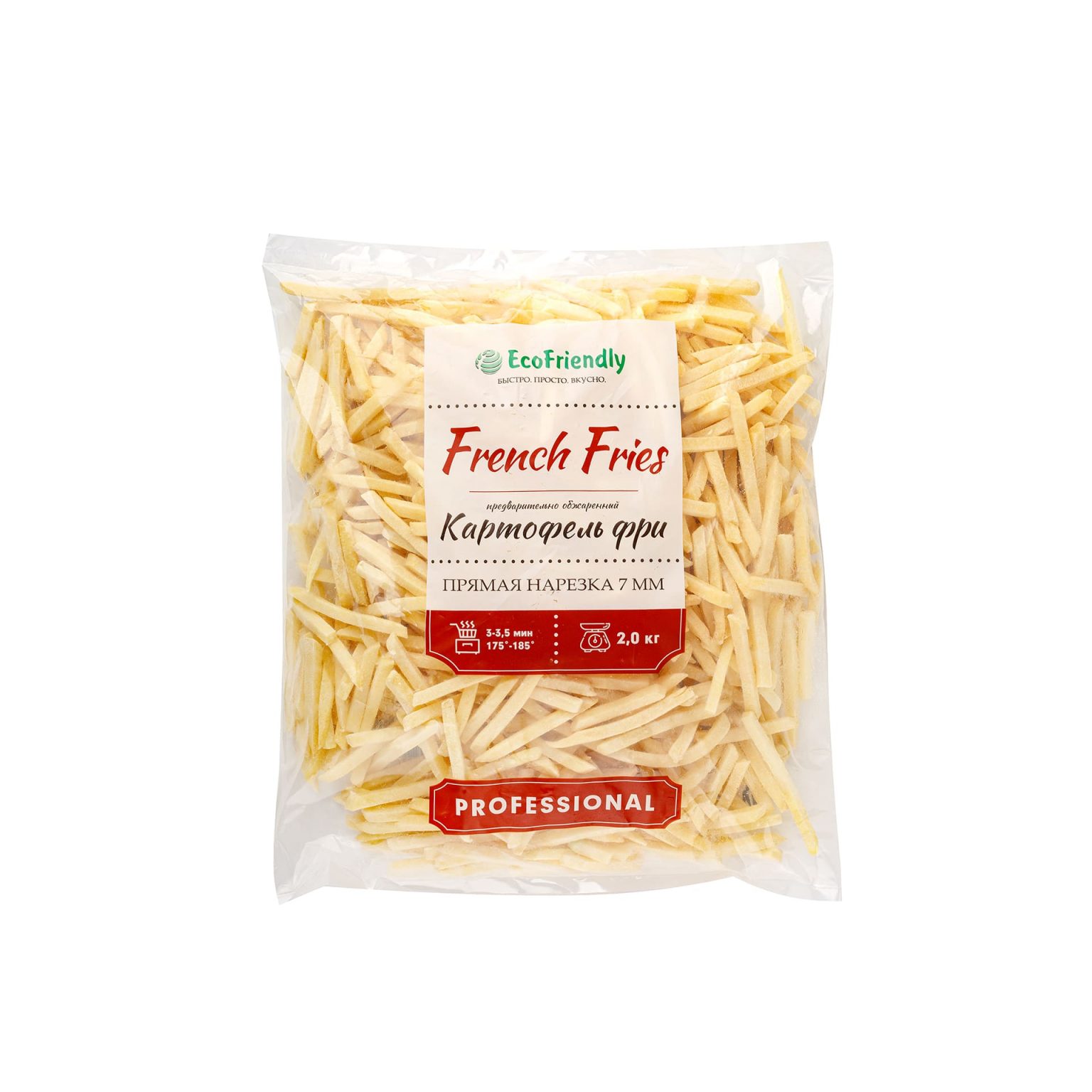Замороженный картофель фри (7х7 мм) предварительно обжаренный халяль EcoFriendly 2 кг, общий вид, купить оптом и в розницу с доставкой по москве и московской области, недорого, низкая цена