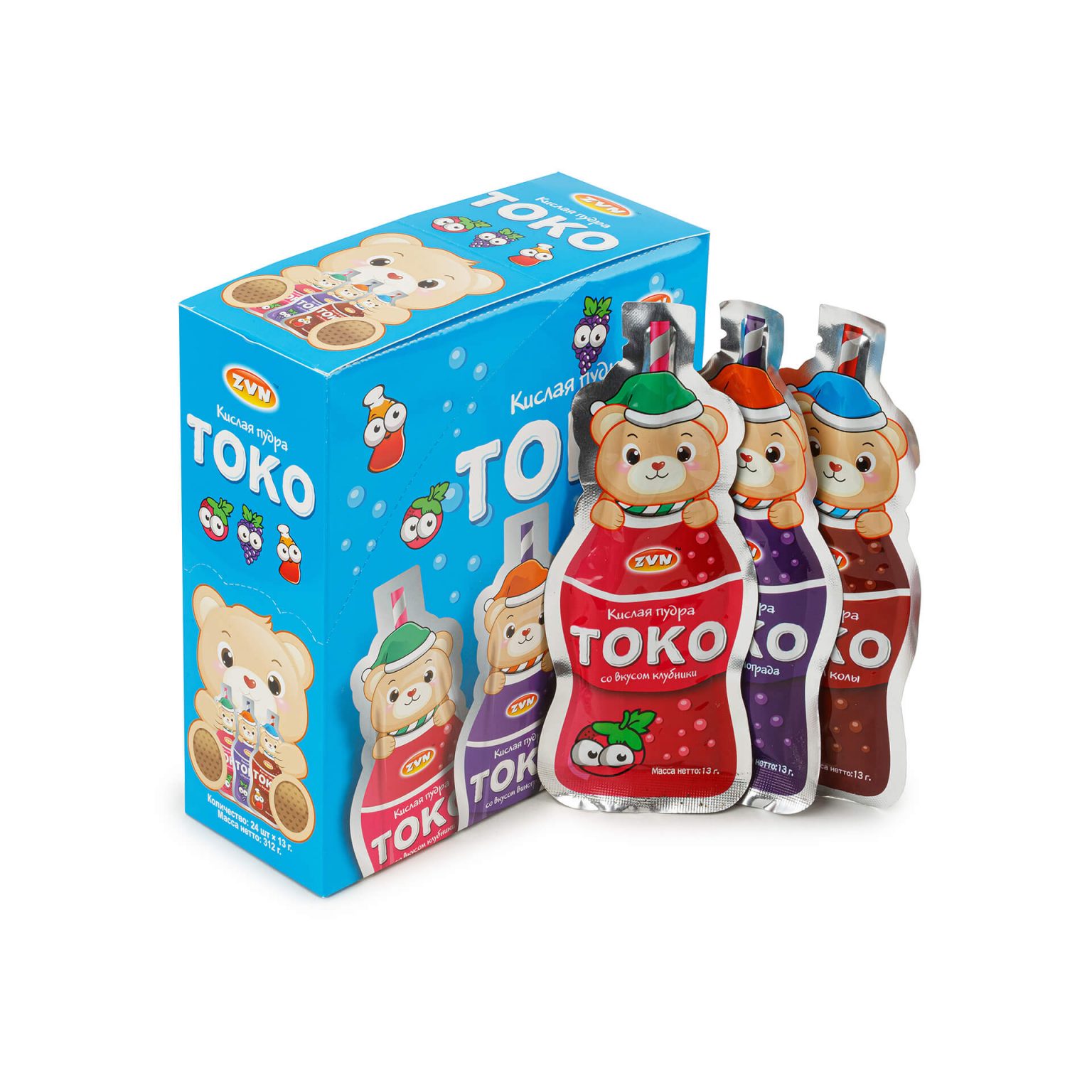 Кислая пудра "Токо" со вкусами винограда, клубники, колы ZVN 312 г (13 г * 24 шт), этикетка, купить оптом и в розницу с доставкой по москве и московской области, недорого, низкая цена