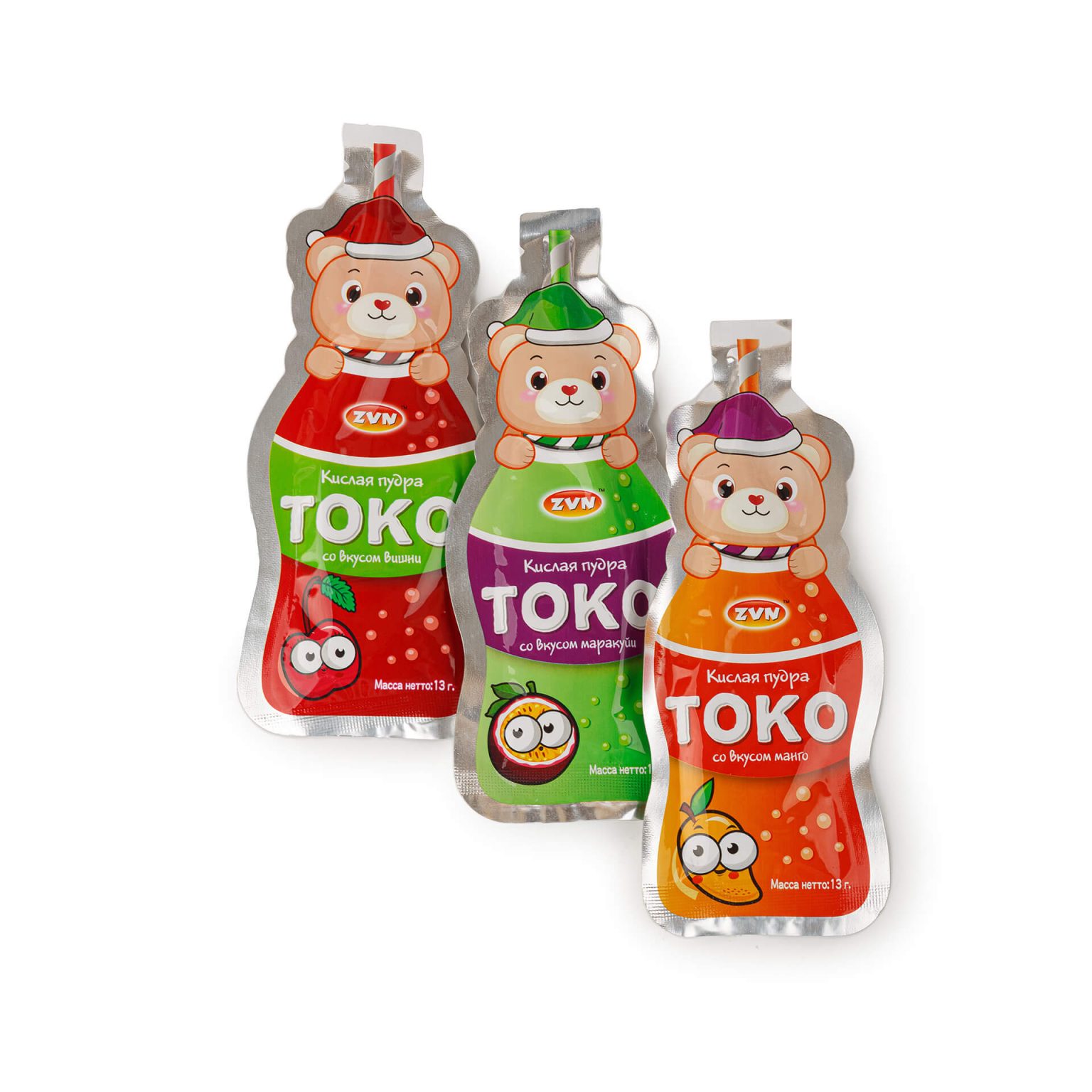 Кислая пудра "Токо" со вкусами вишни, манго, маракуйи ZVN 312 г (13 г * 24 шт), общий вид, купить оптом и в розницу с доставкой по москве и московской области, недорого, низкая цена