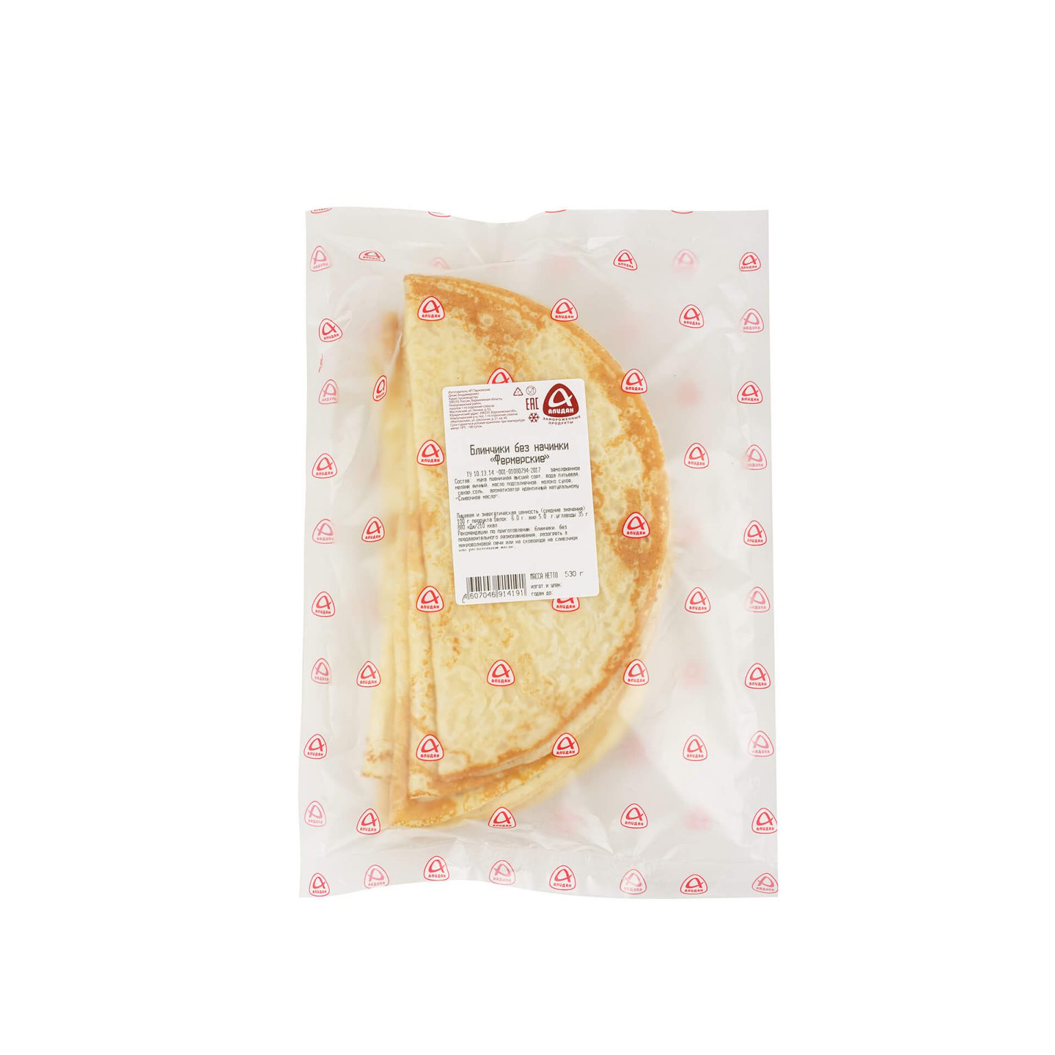 Блины без начинки "Фермерские" блюдо готовое замороженное Алидан 530 г, общий вид, купить оптом и в розницу с доставкой по москве и московской области, недорого, низкая цена