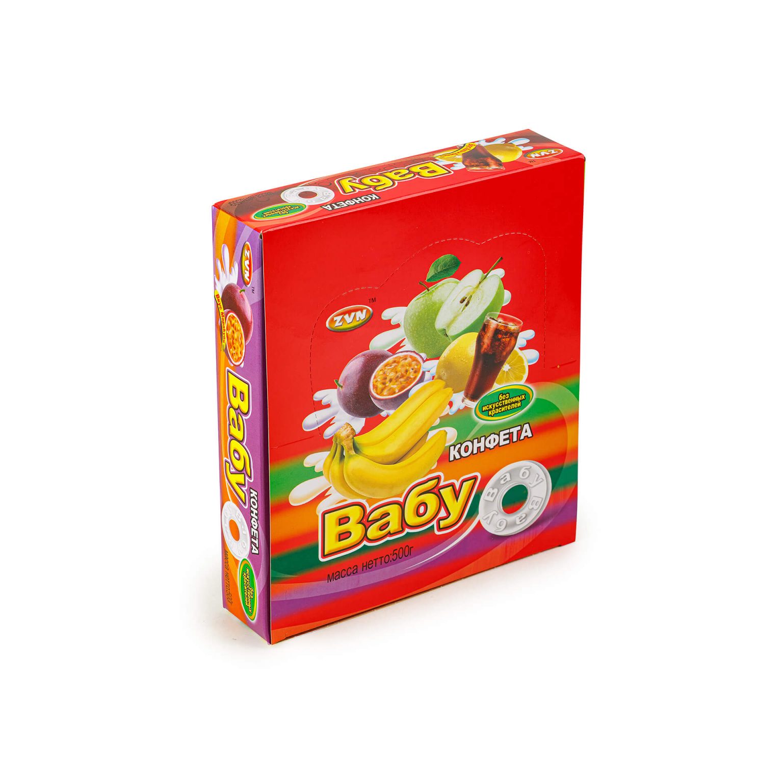 Прессованные конфеты сахаристые "Вабу" со вкусами колы и лимона, яблока, маракуйи, банана ZVN 500 г (25 г * 20 шт), этикетка, купить оптом и в розницу с доставкой по москве и московской области, недорого, низкая цена