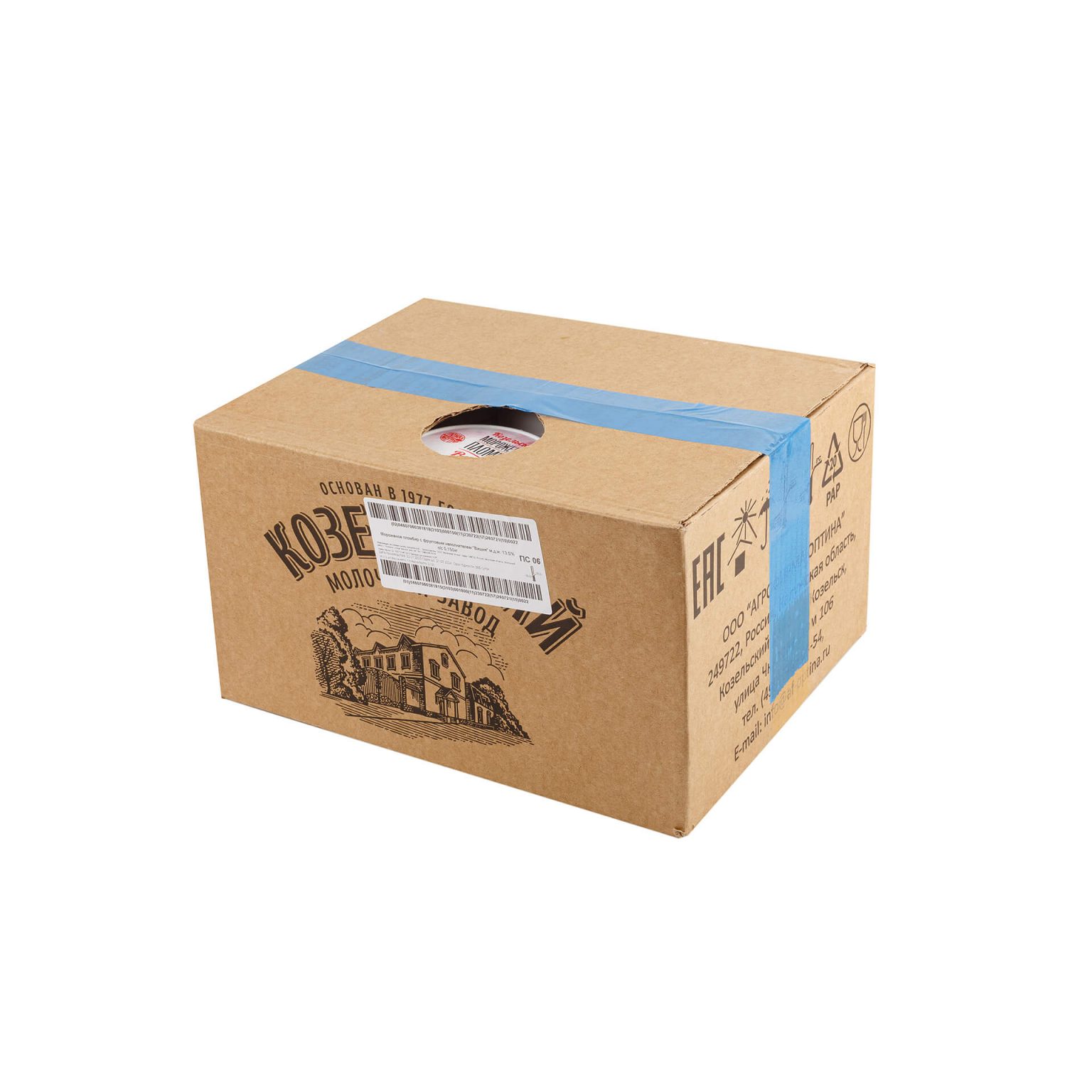 Мороженое пломбир с вишней пластиковый стакан Козельское 150 г, коробка, купить оптом и в розницу с доставкой по москве и московской области, недорого, низкая цена