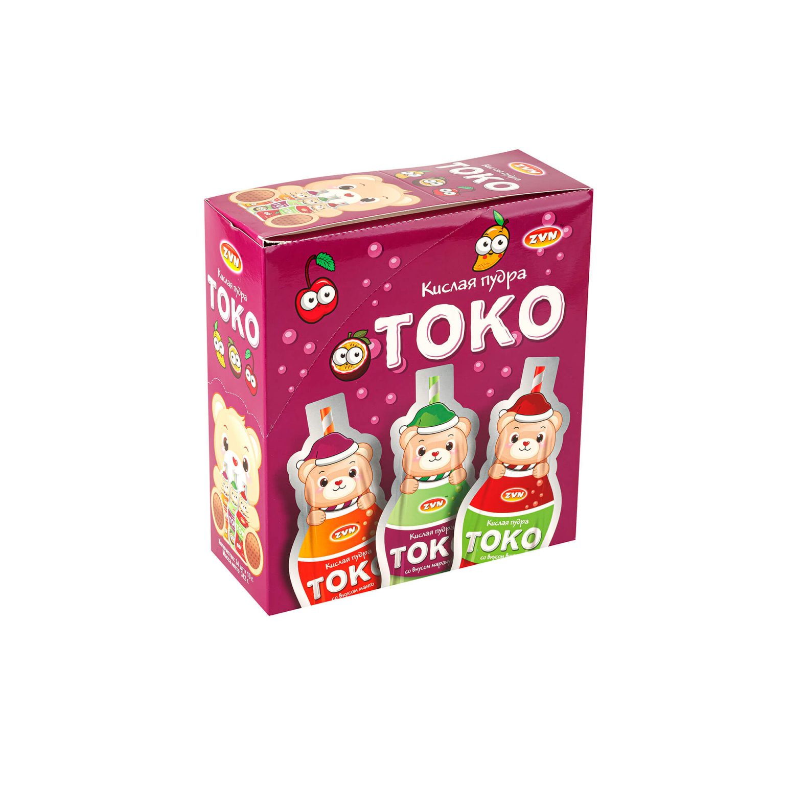 Кислая пудра "Токо" со вкусами вишни, манго, маракуйи ZVN 312 г (13 г * 24 шт), коробка, купить оптом и в розницу с доставкой по москве и московской области, недорого, низкая цена